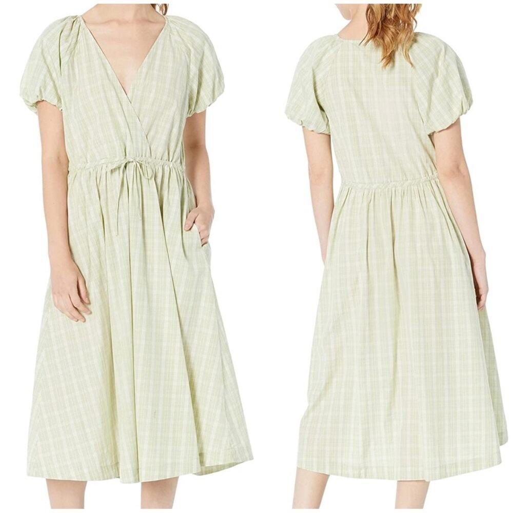 Madewell Plaid Wrap Dress Green White L NWT Midi Cotton Summer Bubble Sleeve